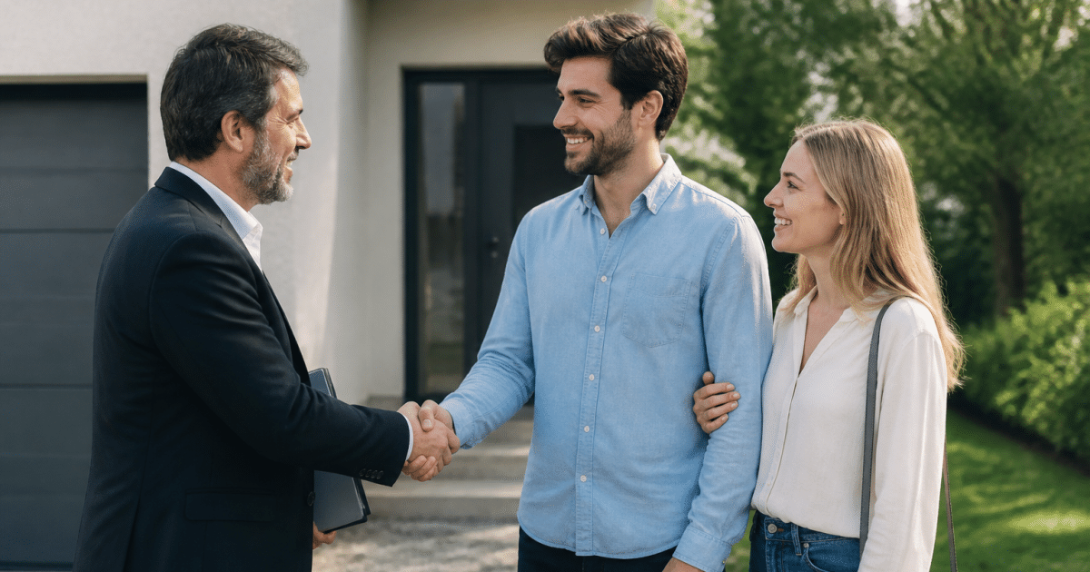 Agent immobilier serrant la main au client devant maison vendue