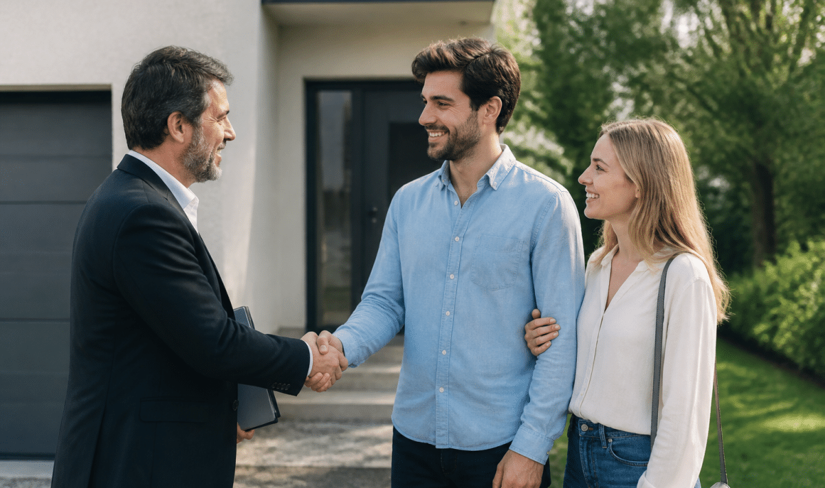 Agent immobilier serrant la main au client devant maison vendue