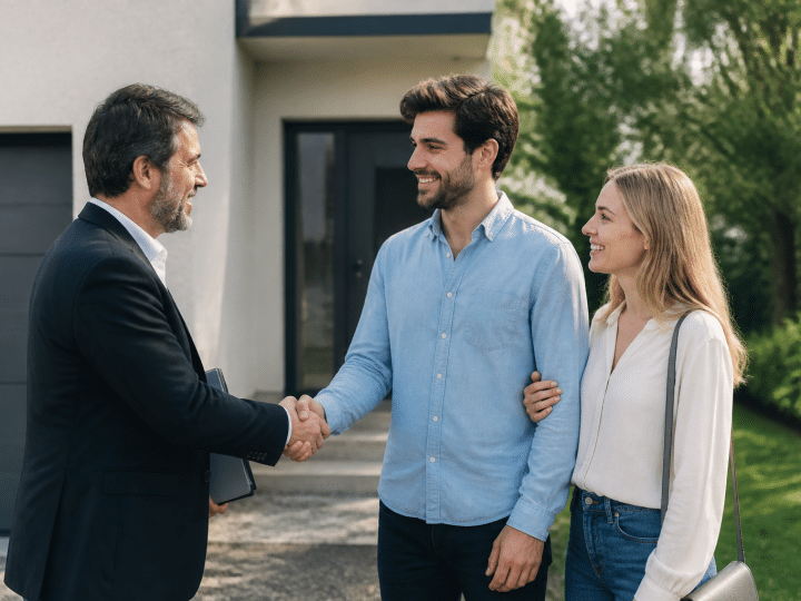 Agent immobilier serrant la main au client devant maison vendue