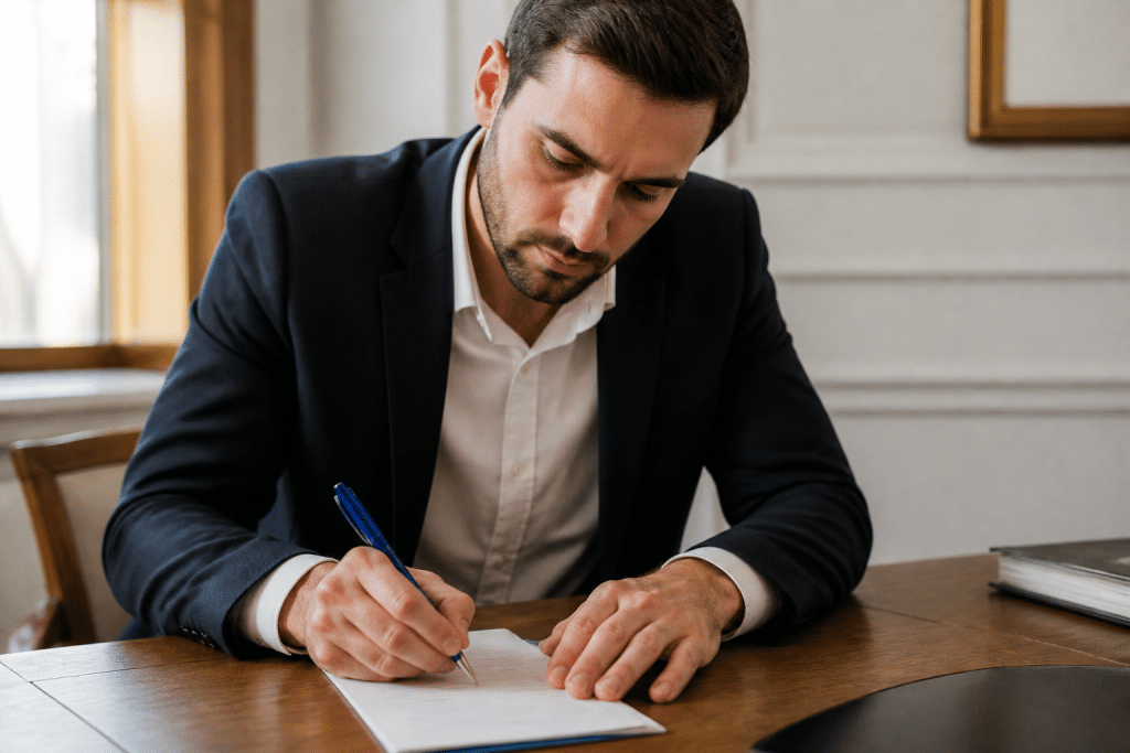 Agent immobilier signant documents notariaux avec stylo bleu
