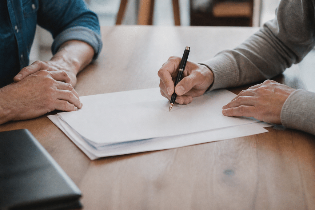 Documents immobiliers signés avec stylo sur table bois