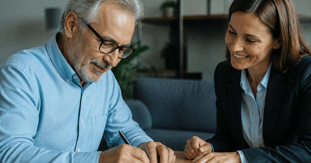 Personne agee signant document assurance avec agent souriant