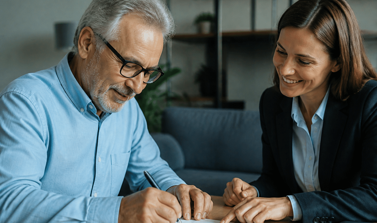 Personne agee signant document assurance avec agent souriant