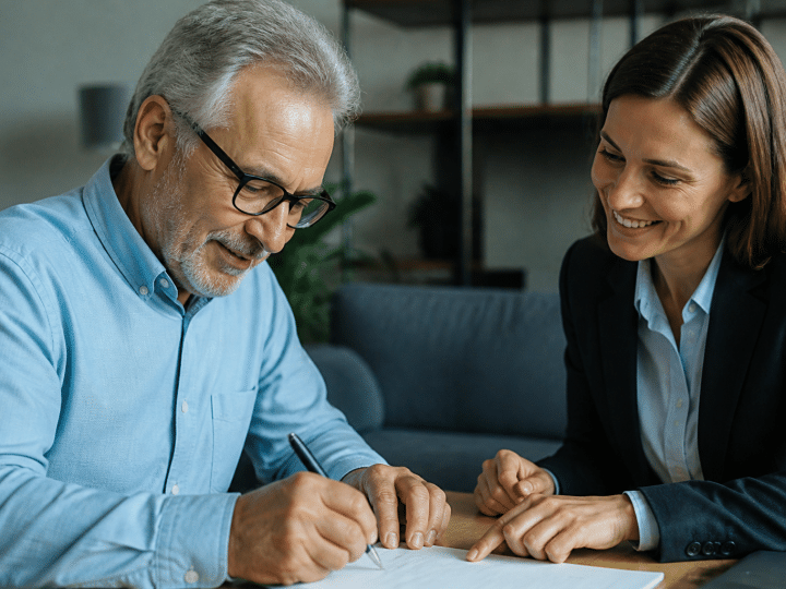 Personne agee signant document assurance avec agent souriant