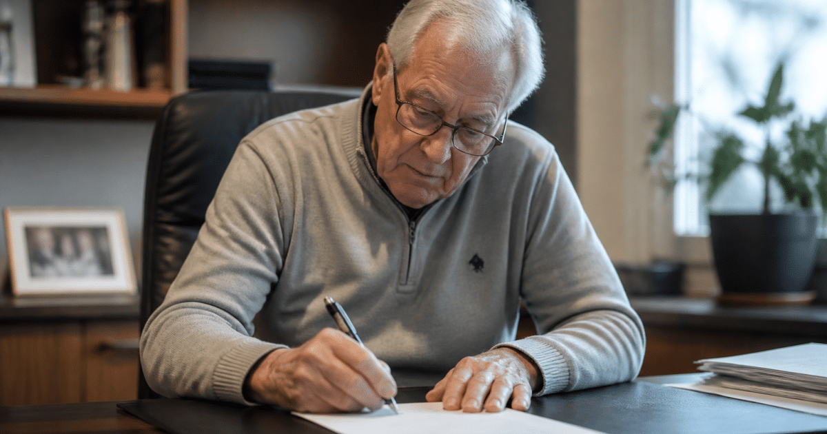 Personne agee signant document pret bancaire a son bureau