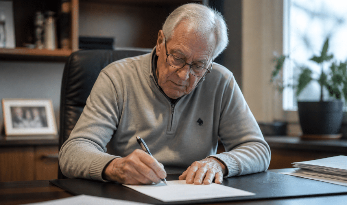 Personne agee signant document pret bancaire a son bureau