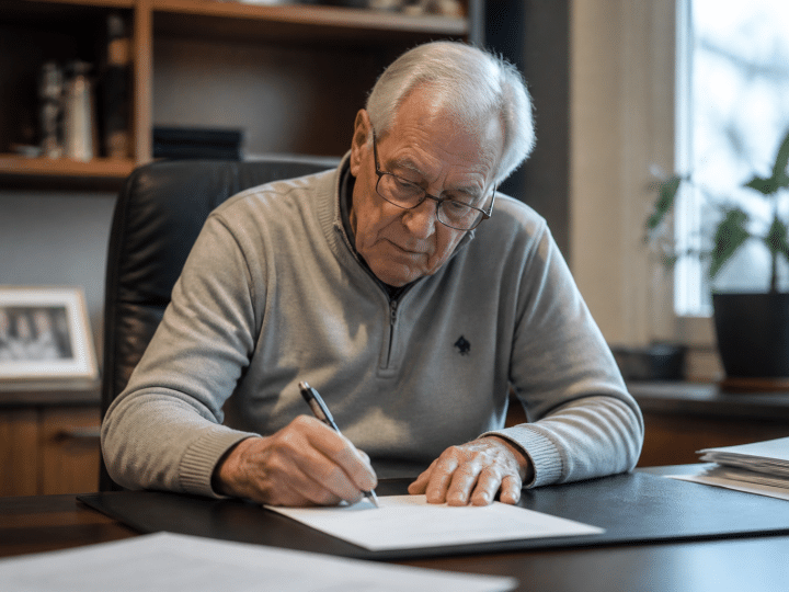 Personne agee signant document pret bancaire a son bureau