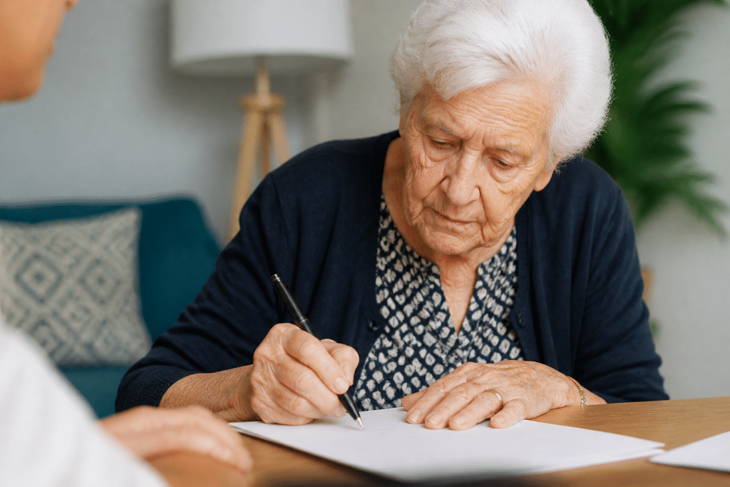 Personne agee signant document assurance avec stylo noir