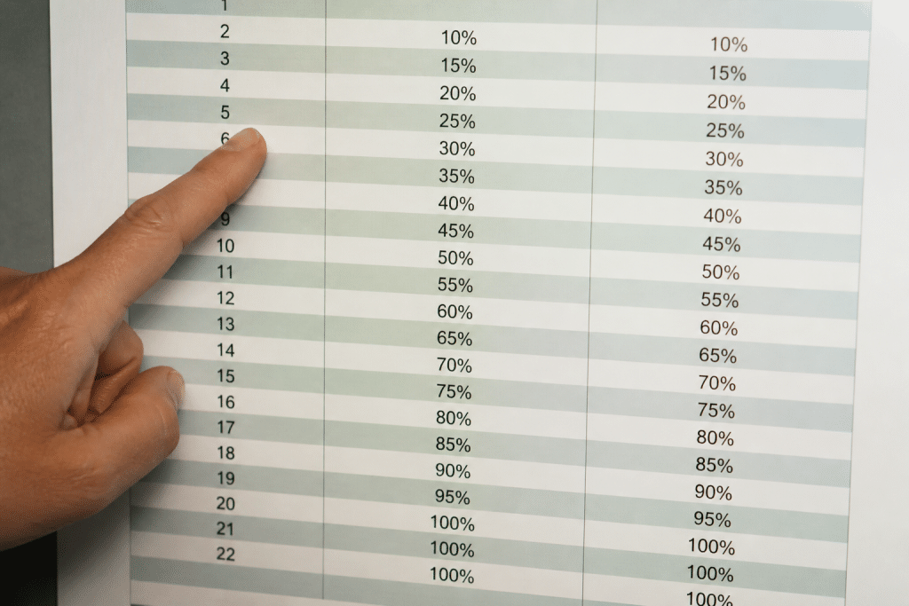 Tableau progressif montrant pourcentages d'abattement sur années