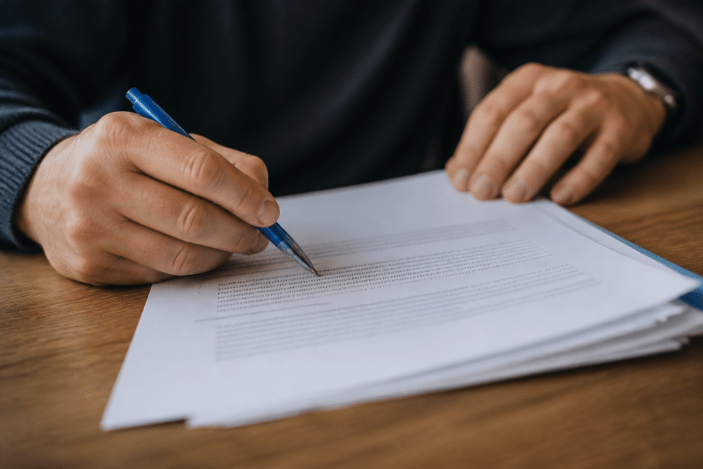 Contrat immobilier avec stylo bleu sur clauses financières écrites