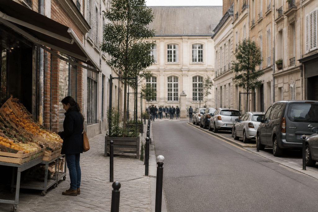 Rue calme avec commerces locaux et école en arrière-plan