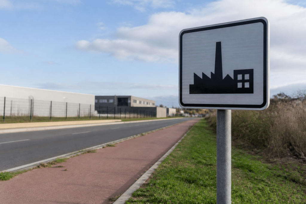Panneaux de signalisation indiquant les communes avec bâtiments industriels