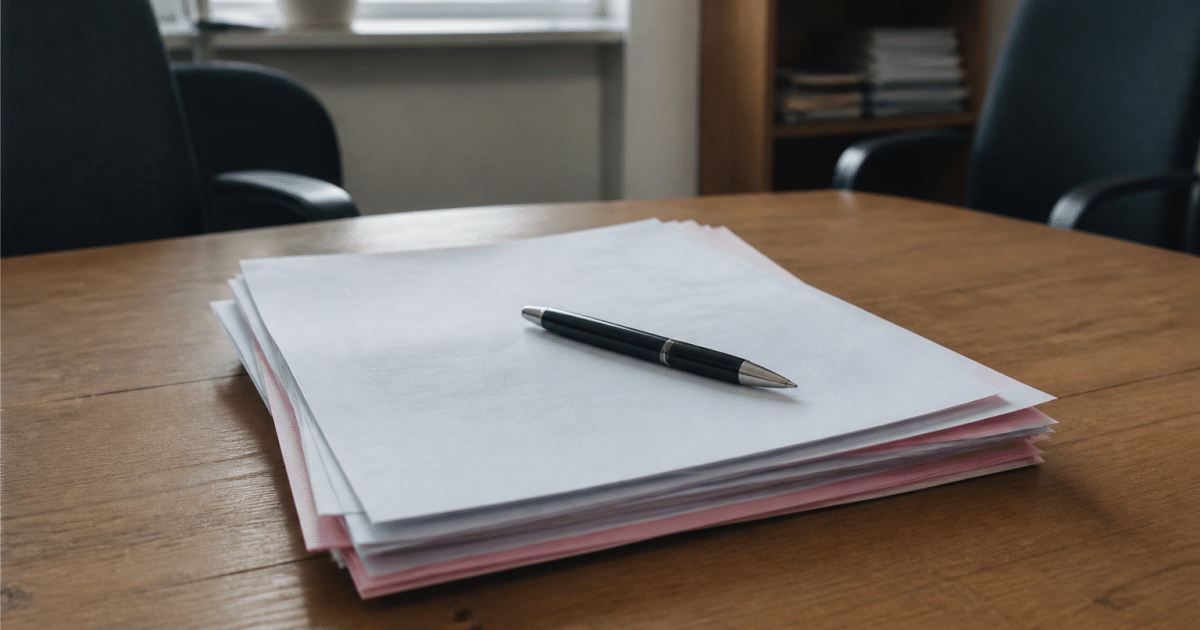 Contrat immobilier signé avec stylo posé dessus, documents empilés