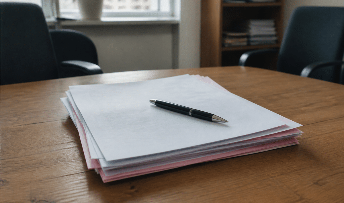 Contrat immobilier signé avec stylo posé dessus, documents empilés