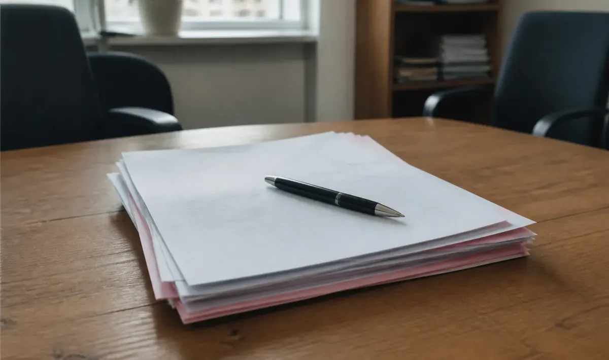 Contrat immobilier signé avec stylo posé dessus, documents empilés