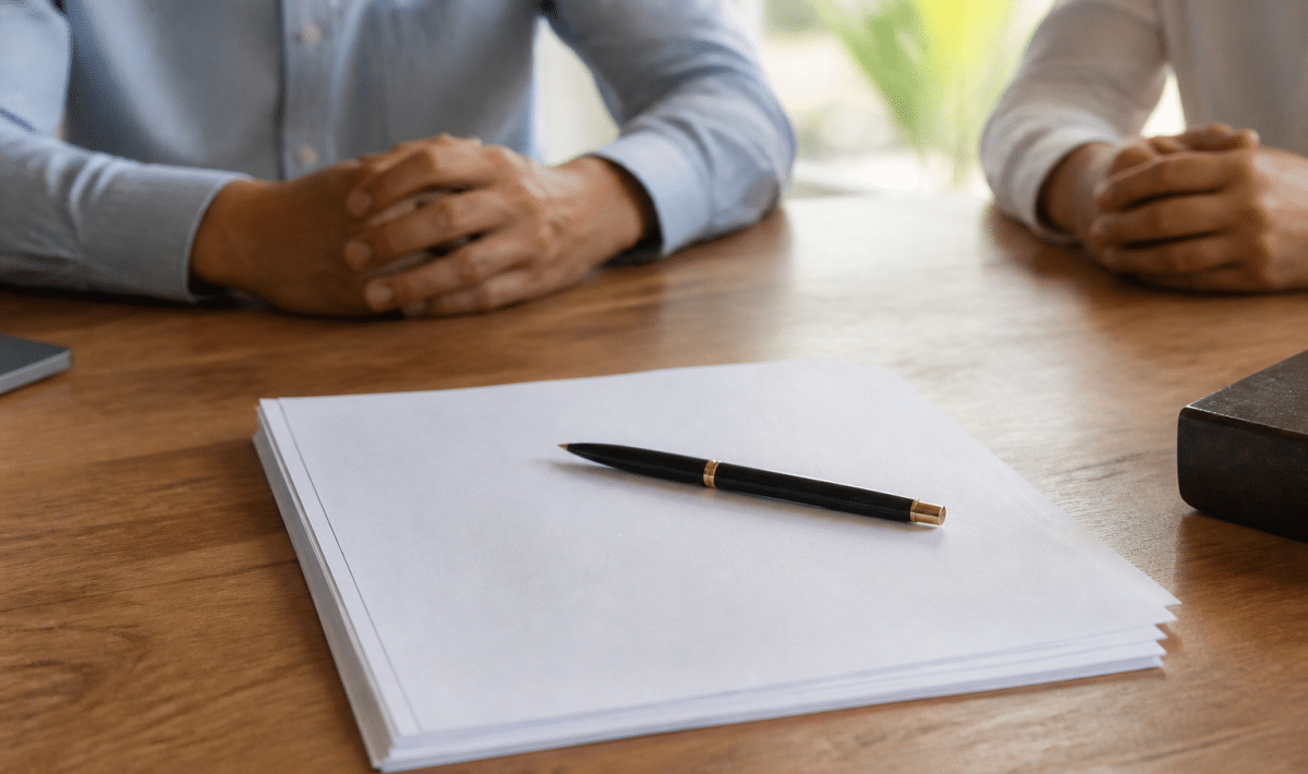 Contrat immobilier signé pose sur bureau avec stylo