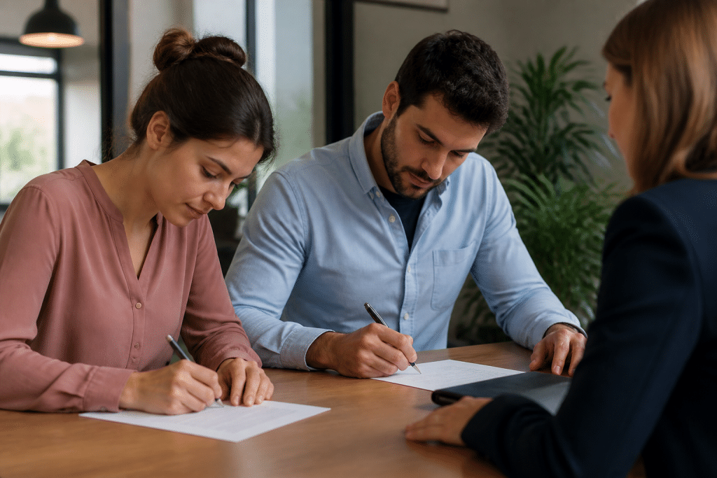 Couple signant documents notarié devant bureau immobilier
