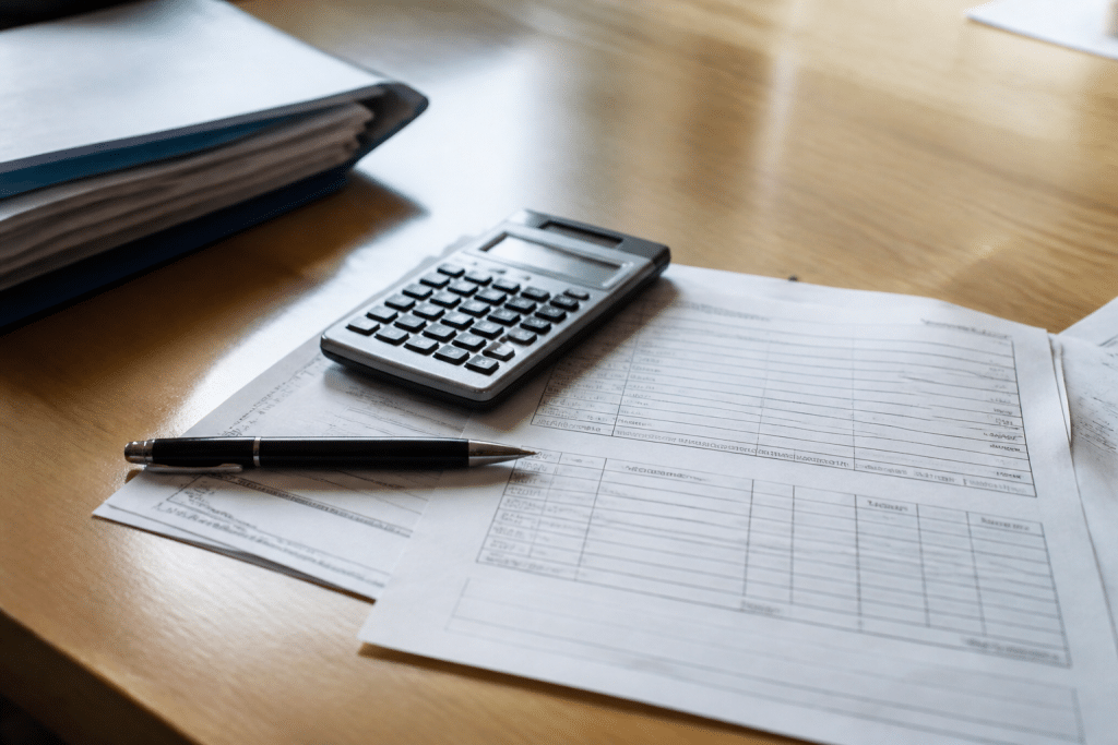 Documents immobiliers avec calculatrice et stylo noir