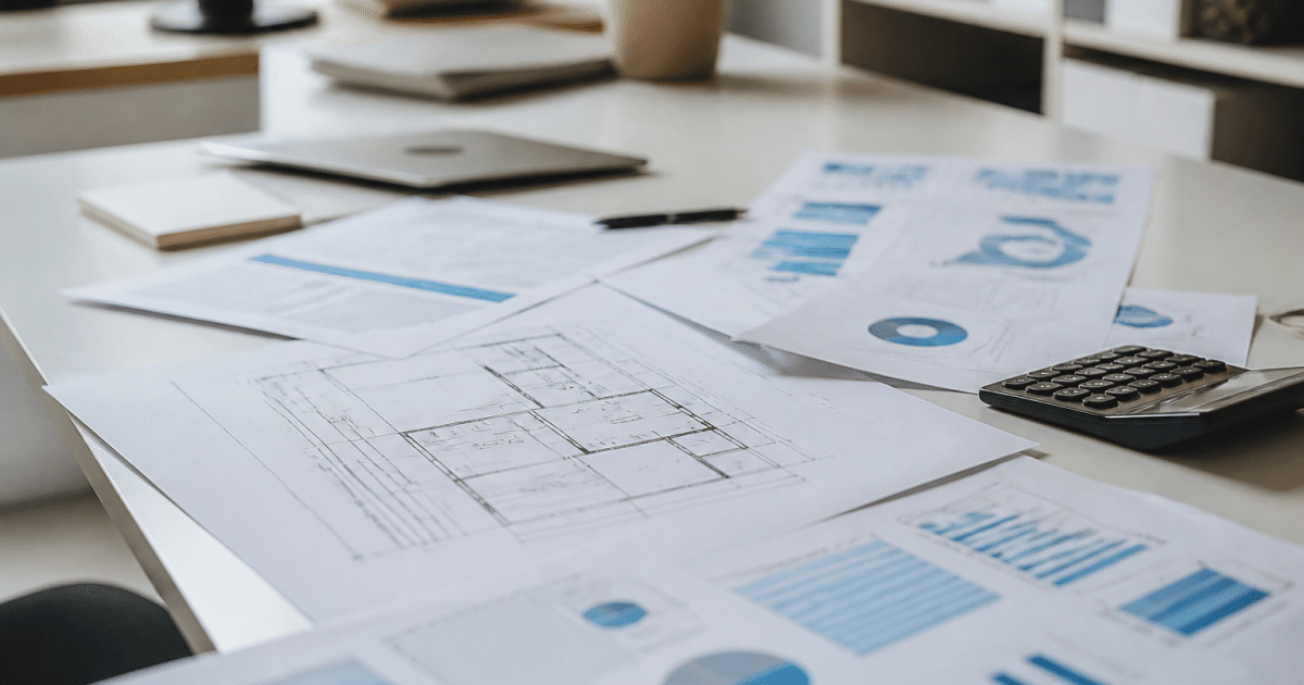 Documents financiers et plans immobiliers etales sur bureau blanc