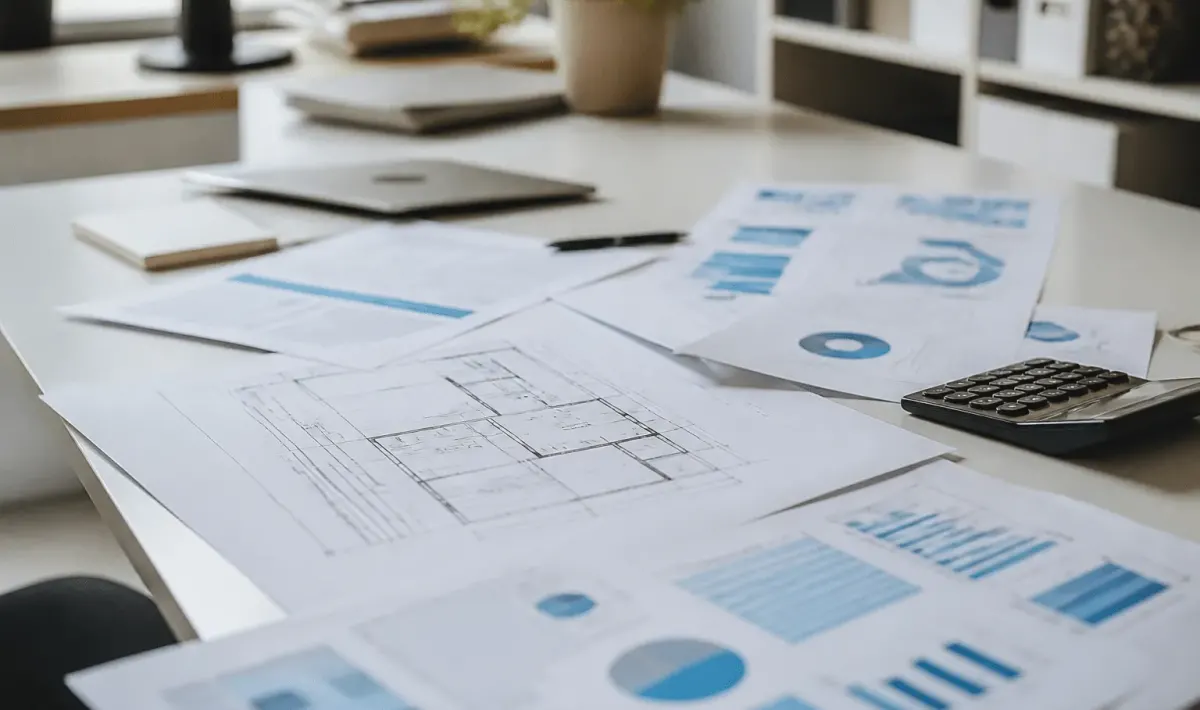Documents financiers et plans immobiliers etales sur bureau blanc