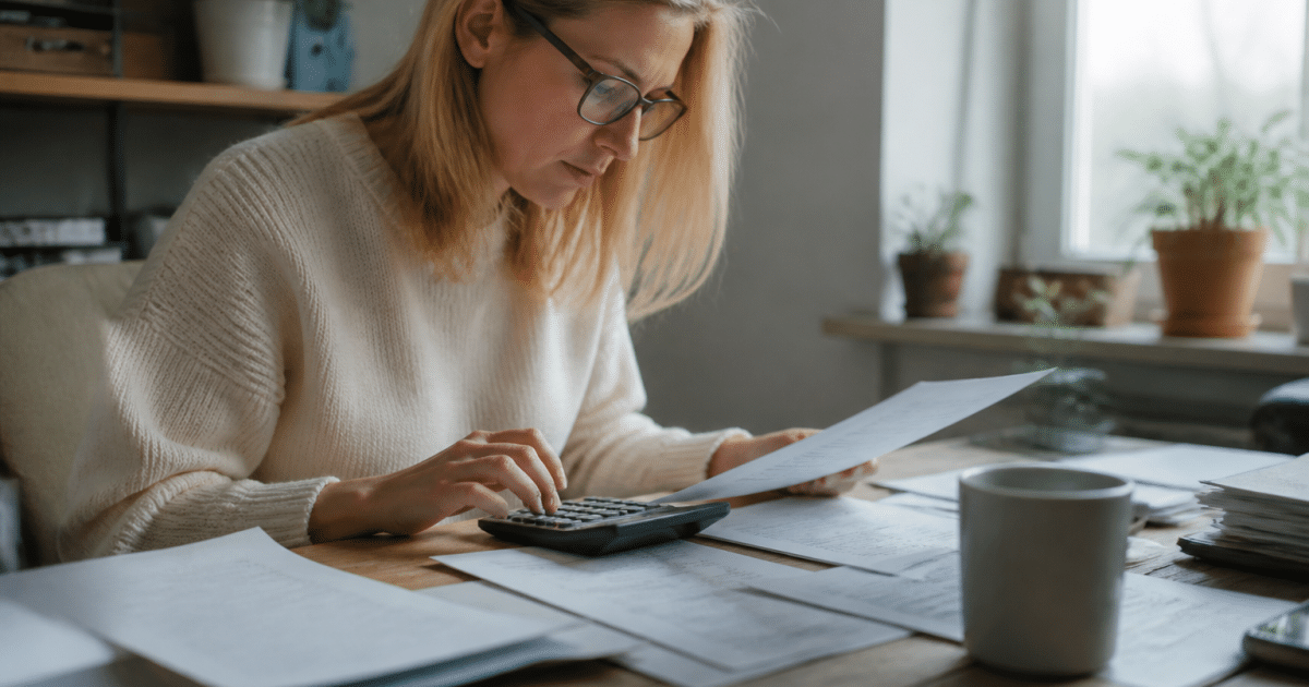 Personne consultant documents financiers sur bureau avec calculatrice