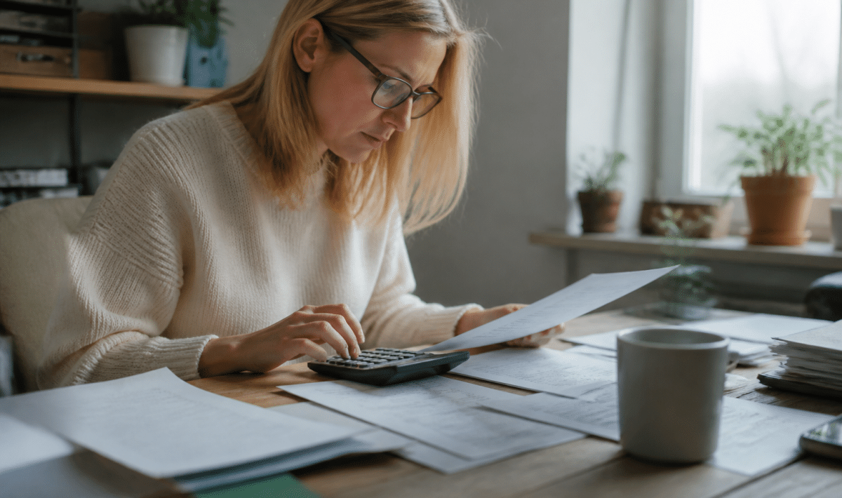 Personne consultant documents financiers sur bureau avec calculatrice