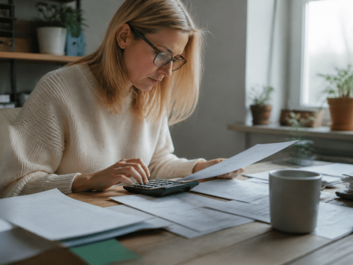 Personne consultant documents financiers sur bureau avec calculatrice