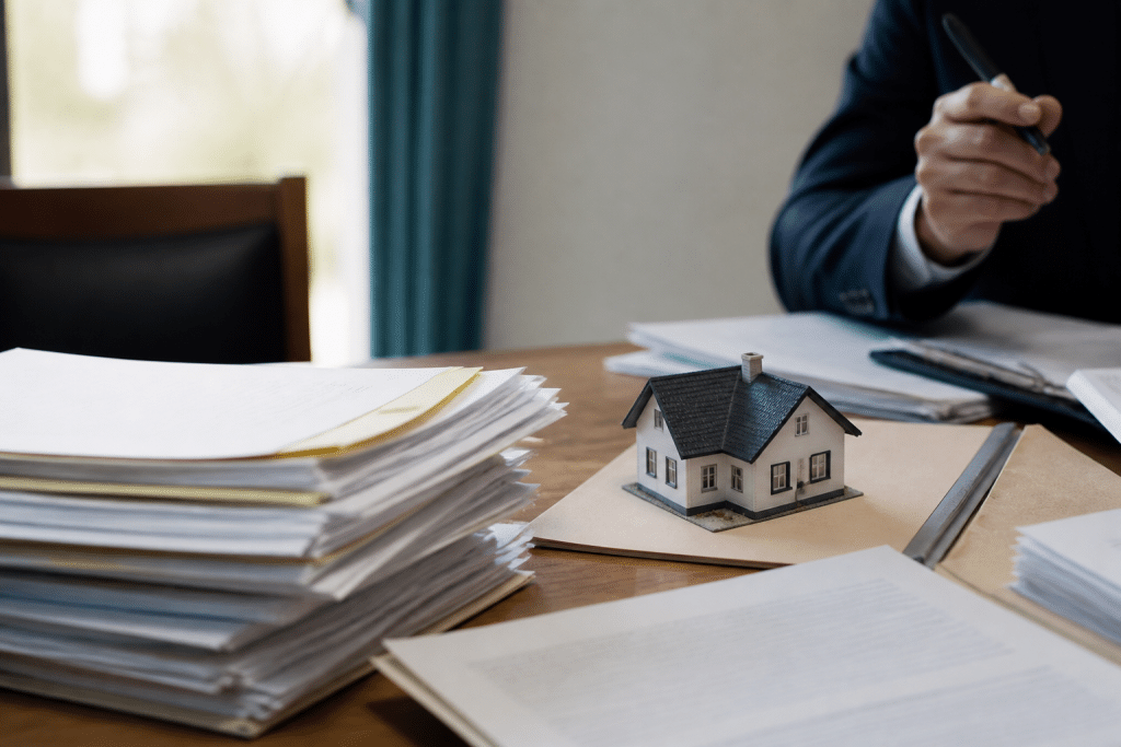 Documents administratifs et maison sur bureau notarial