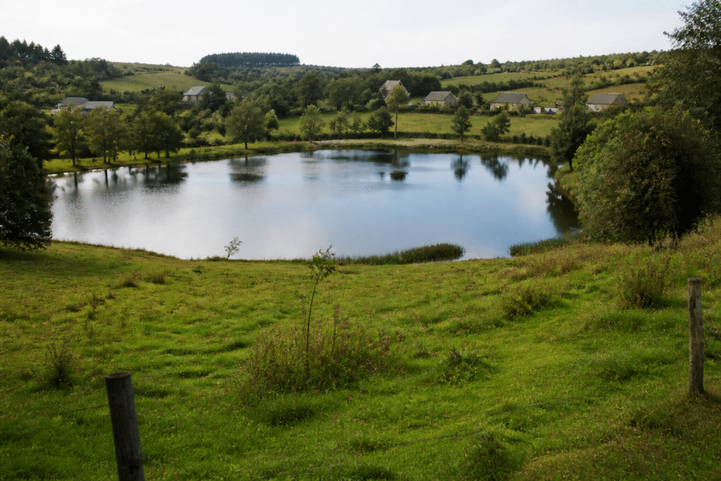 Etang entouré champs verts et maisons dispersées