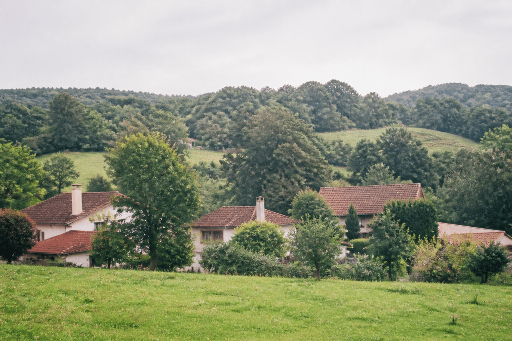 Maisons dispersees dans paysage rural avec arbres verts