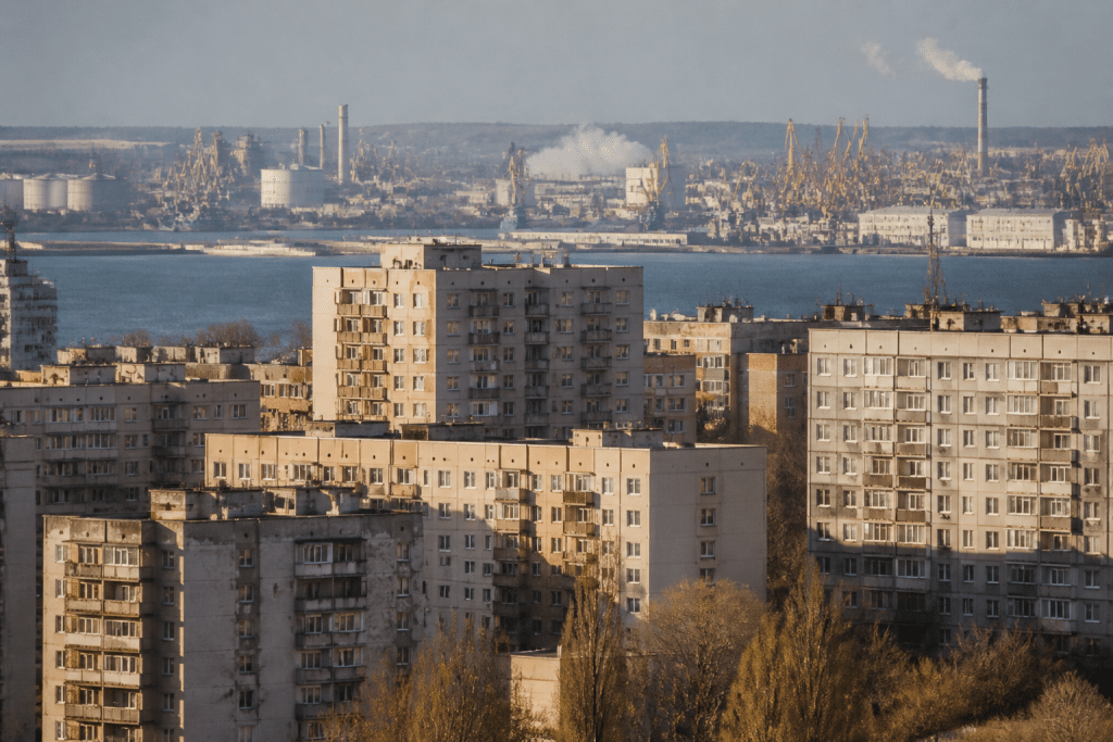 Immeubles denses avec port et installations industrielles visibles.