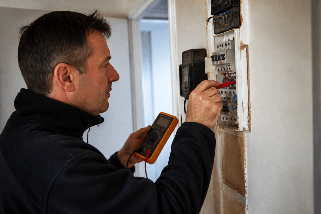 Inspecteur verifiant installation electrique maison avec multimetre