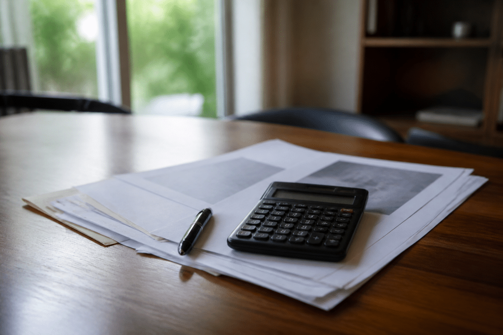 Documents immobiliers avec calculatrice et stylo noir