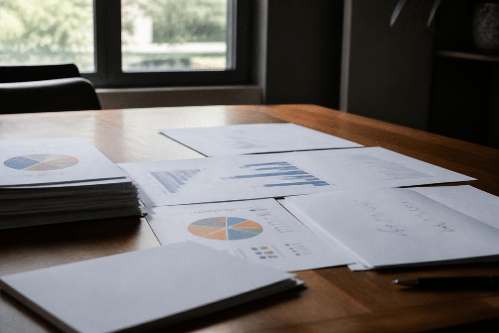 Documents professionnels organisés avec graphiques et signatures visibles