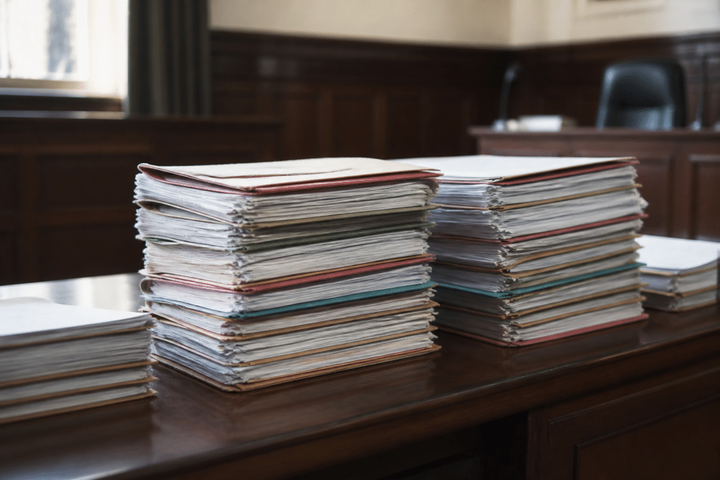 Pile de dossiers judiciaires sur bureau de tribunal