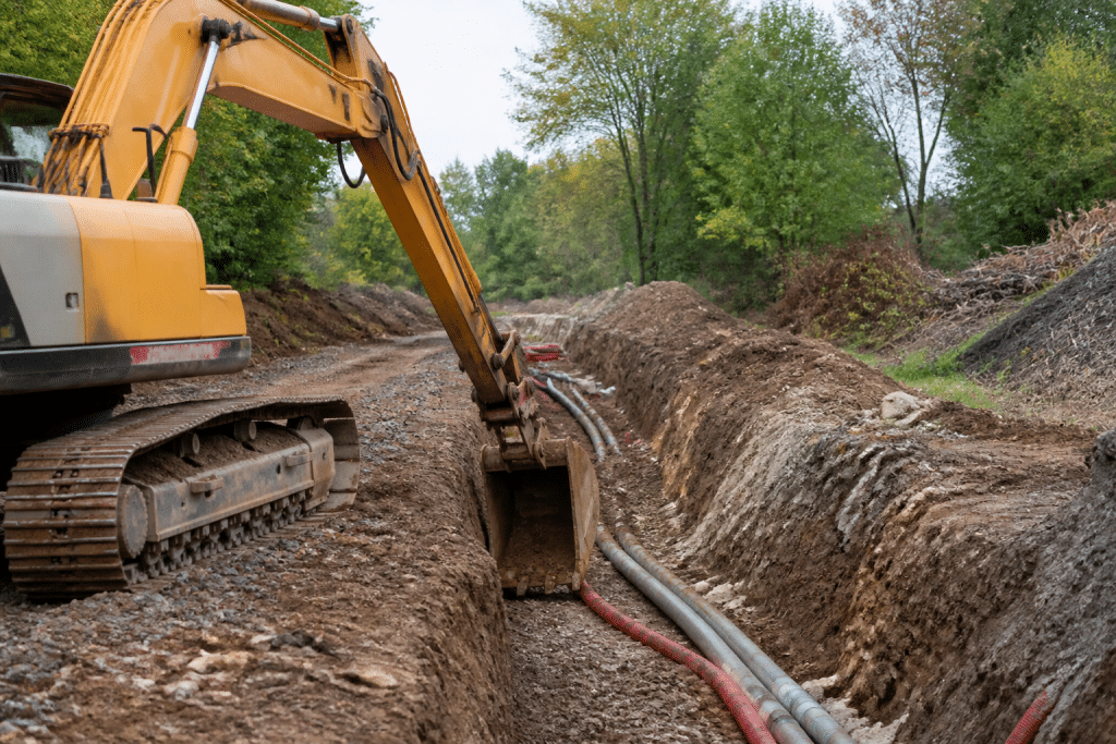 Excavatrice creusant tranchées dans terrain avec tuyaux visibles