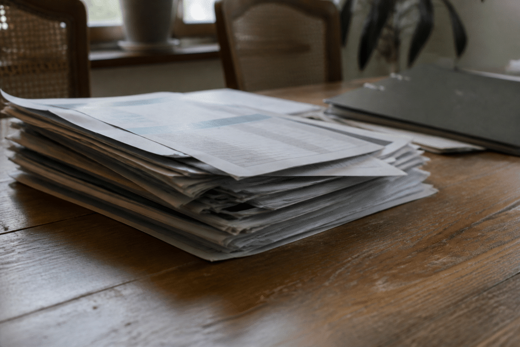 Factures materiaux et devis empiles sur table bois