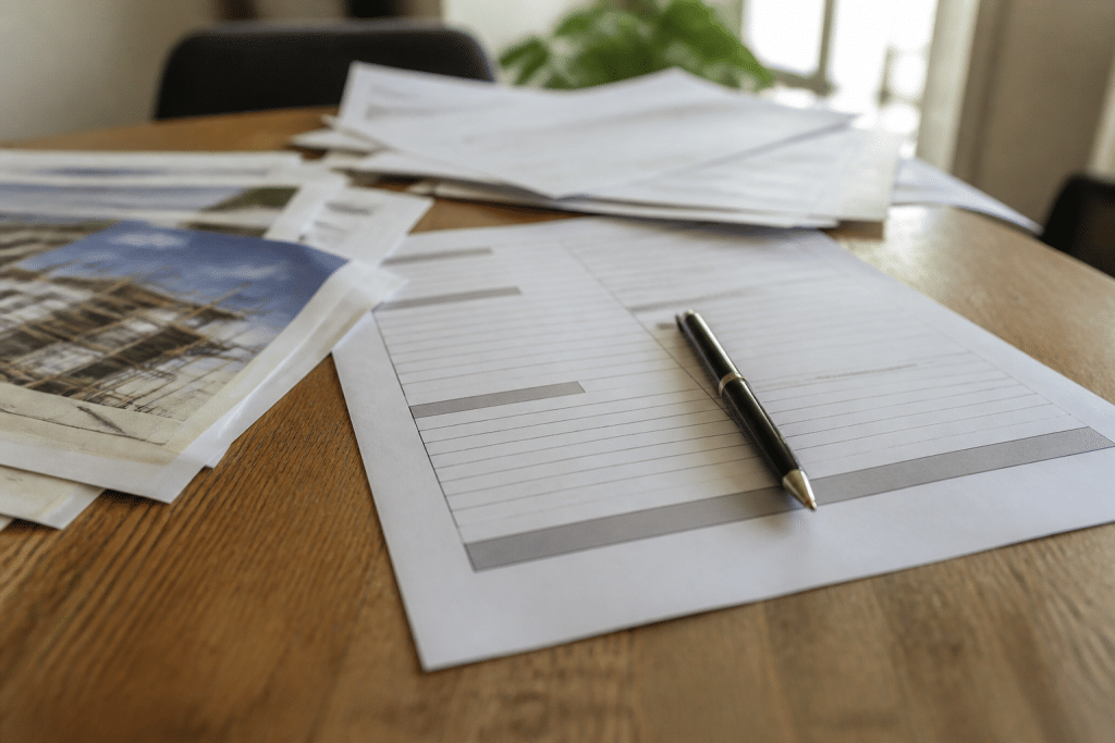 Formulaire bancaire avec stylo et documents estimation travaux