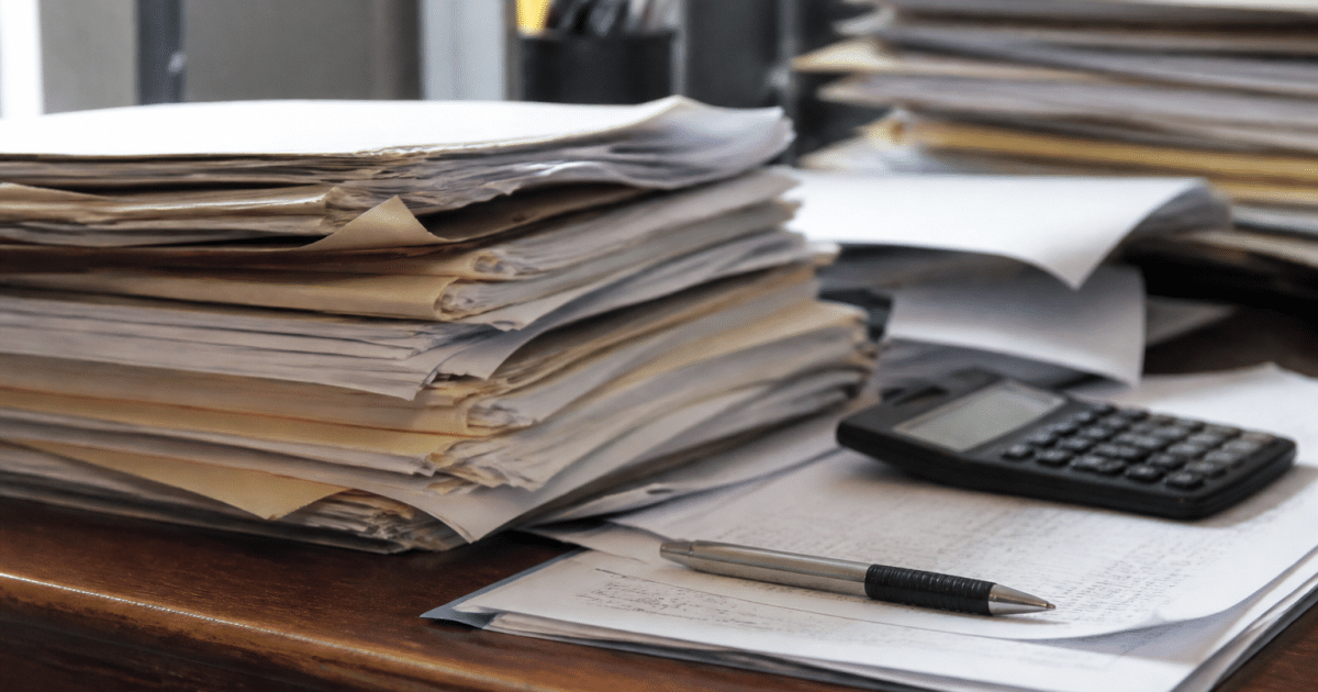 Documents papier empiles sur bureau avec calculatrice et stylo
