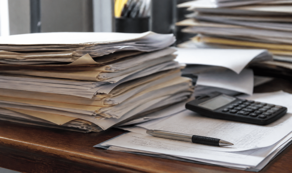 Documents papier empiles sur bureau avec calculatrice et stylo