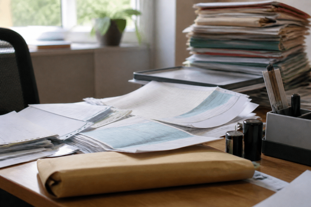 Documents officiels et formulaires sur bureau administratif