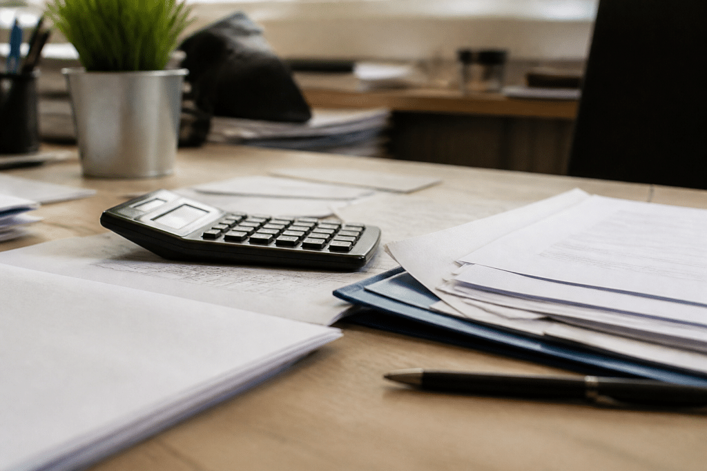 Calculatrice et documents comptables sur bureau professionnel