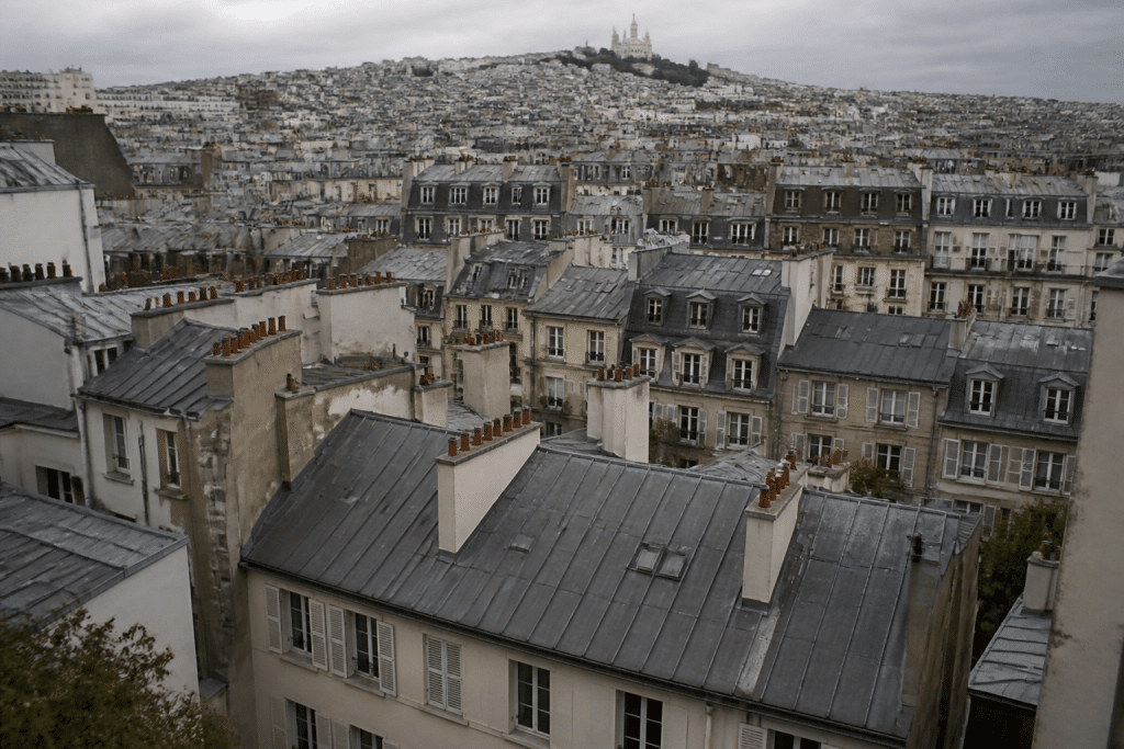 Immeubles résidentiels denses avec toits gris alignés