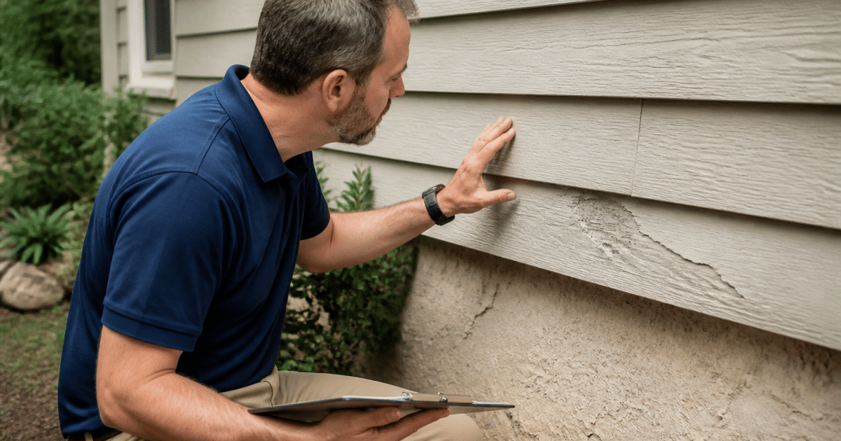 Inspector holding clipboard examining house wall closely