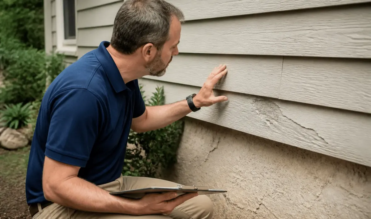 Inspector holding clipboard examining house wall closely