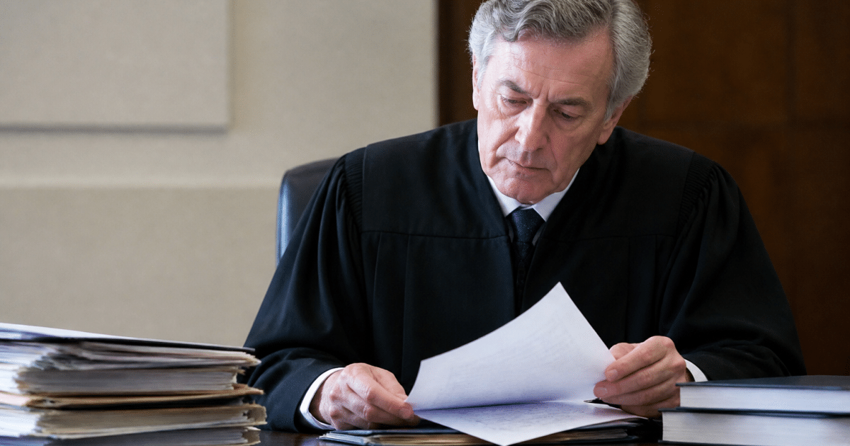 Juge assis bureau examinant documents propriete immobiliere