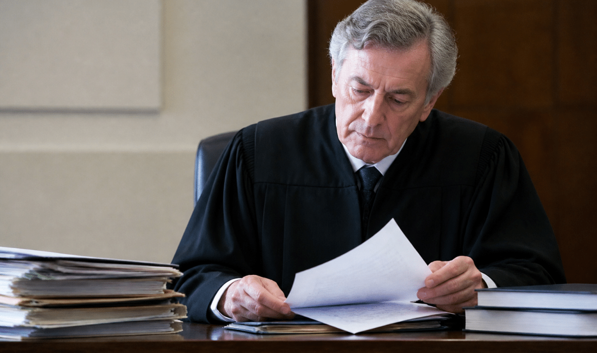 Juge assis bureau examinant documents propriete immobiliere
