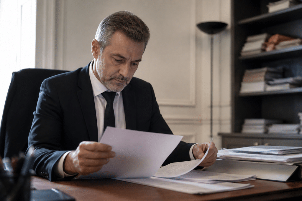 Notaire consultant documents bancaires sur bureau professionnel