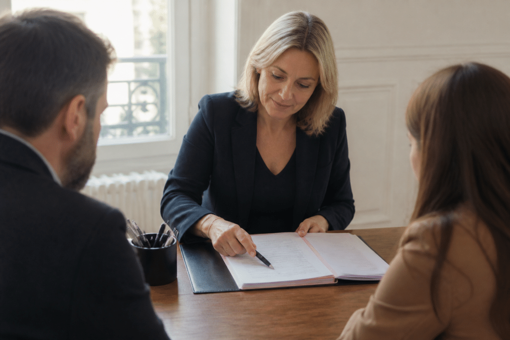 Notaire pointant clauses contrat vente immobilière avec stylo noir
