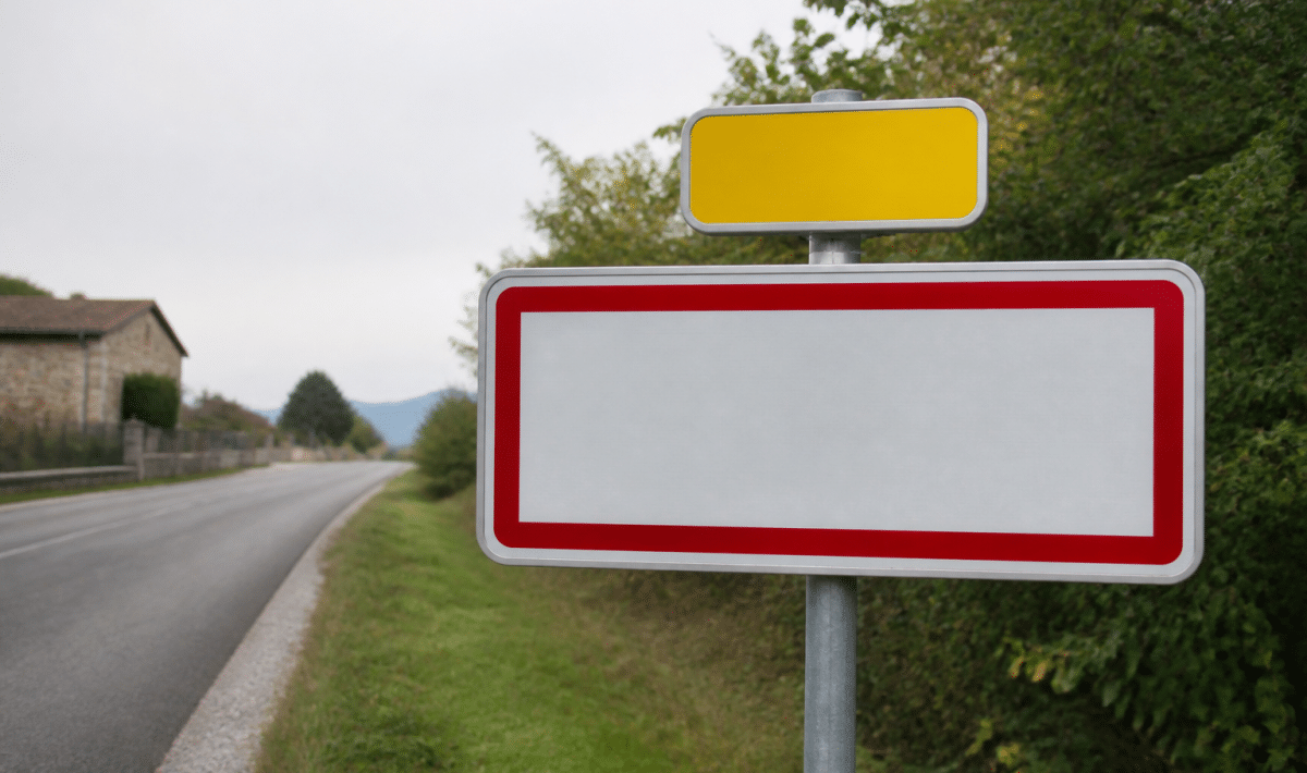 Panneau routier affichant le nom de la commune avec population inscrite